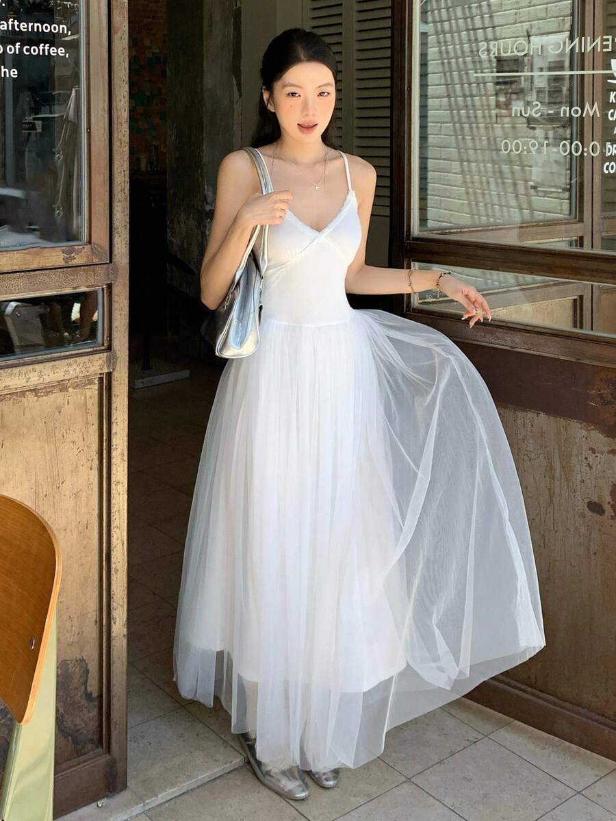 DAZY Women's Mesh Patchwork Spaghetti Strap Mid-Length Dress, Korean Style Summer Women Dresses Sundress - White - View 1