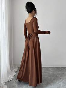Elenzga Women's Coffee Brown Square Collar High-End Design Front Panel Splice Ruched Slim Fit Cinched Waist Elegant Long Sleeve A-Line Midi Dress, Suitable For Commuting In Autumn Fall Cloth For Women - Coffee Brown - View 2