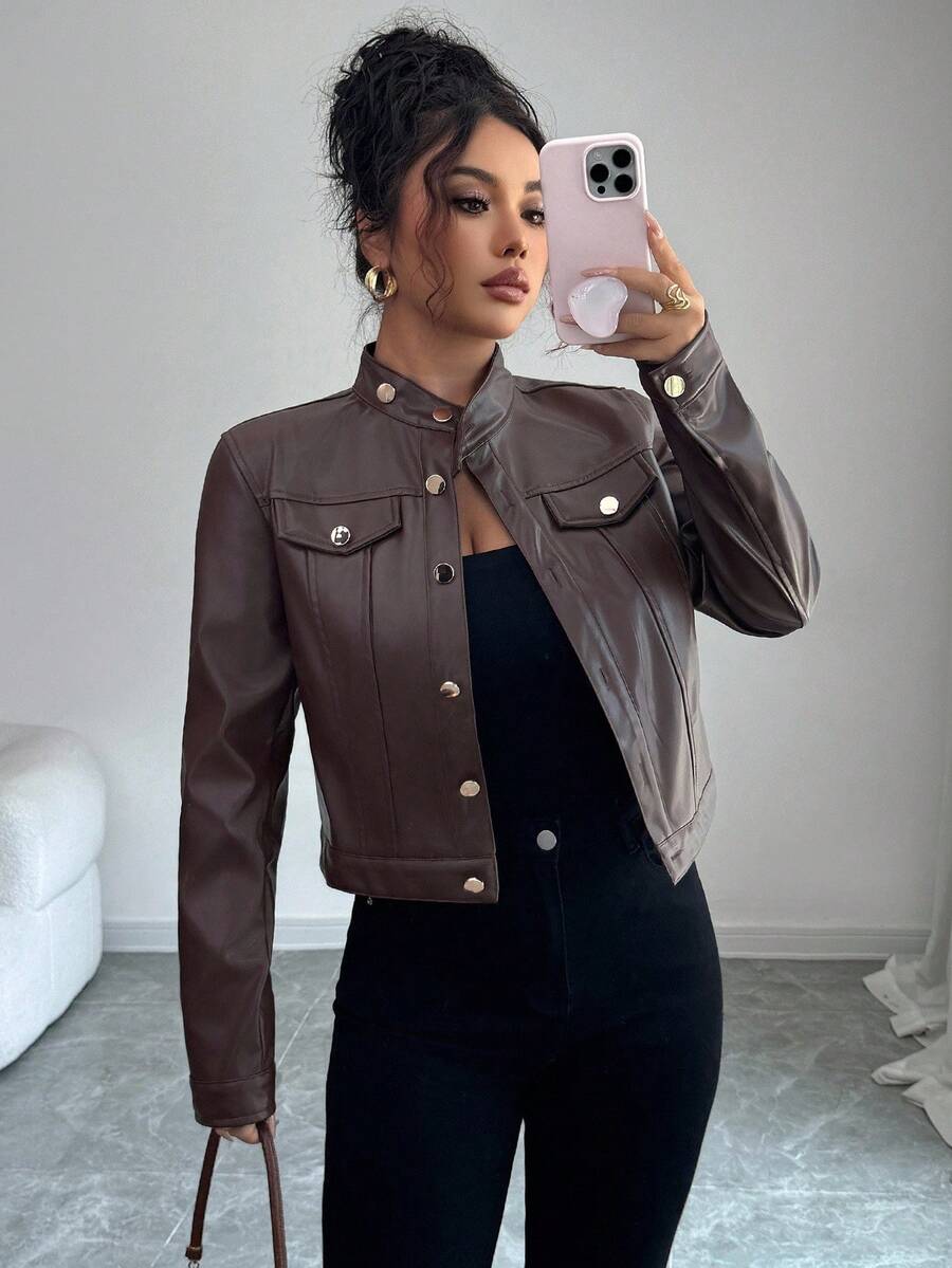 Elenzga Áo khoác nữ tay dài, ngắn, phong cách Pháp lãng mạn, Sicily, mùa thu/đông, chất liệu da PU trơn màu, hở phía trước, nút kim loại, cổ áo trang trí, túi - màu nâu - Xem 1