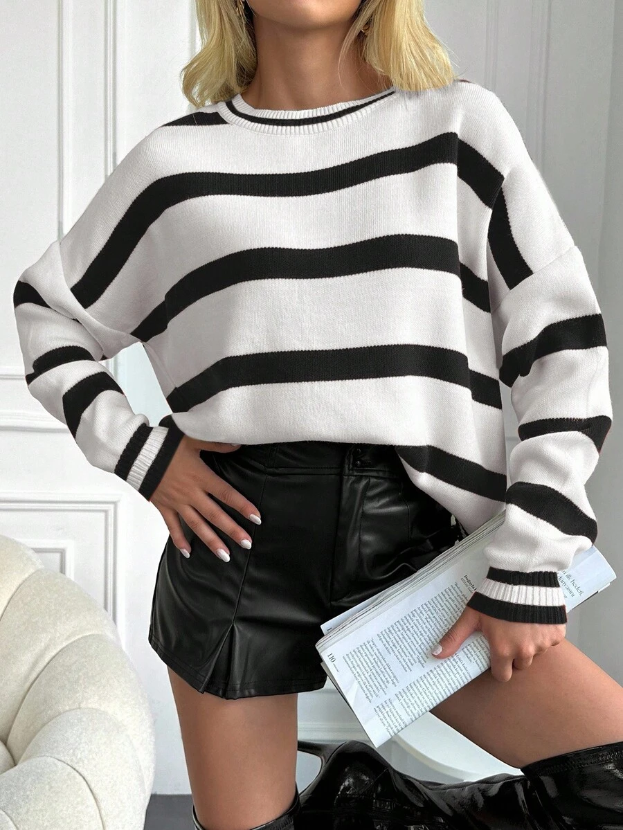 Cloudara Striped Pattern Drop Shoulder Jumper - Black and White - View 1