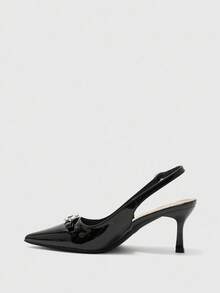 CUCCOO BIZCHIC Women's Solid Color Stiletto Heels Bowknot Rhinestone Pointed Toe Pumps - Black - View 9