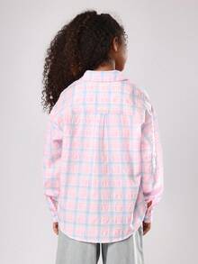 SUMWON Cotton Oversized Plaid Shirt Long Sleeve Button Down Collared Blouse Casual School Spring Fall Layering Top Winter - Pink - View 2