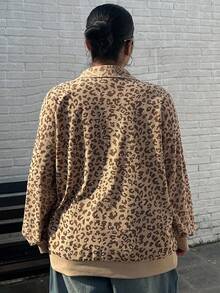 Dazy Plus Plus Size Women Zip-Up Leopard Print Loose Fit Pullover Sweatshirt, Street Style Fall/Winter - Khaki - View 2