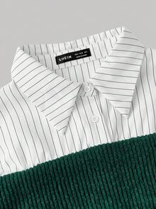 SHEIN MOD 橄榄绿针织条纹拼接衬衫，两用上衣，返校季 - 墨綠色 - 查看 3