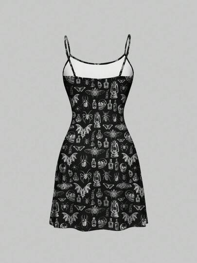 Goth Gothic Skeleton, Moth, Bat, Spider All-Over Print Camisole Nightgown, Casual Sleepwear