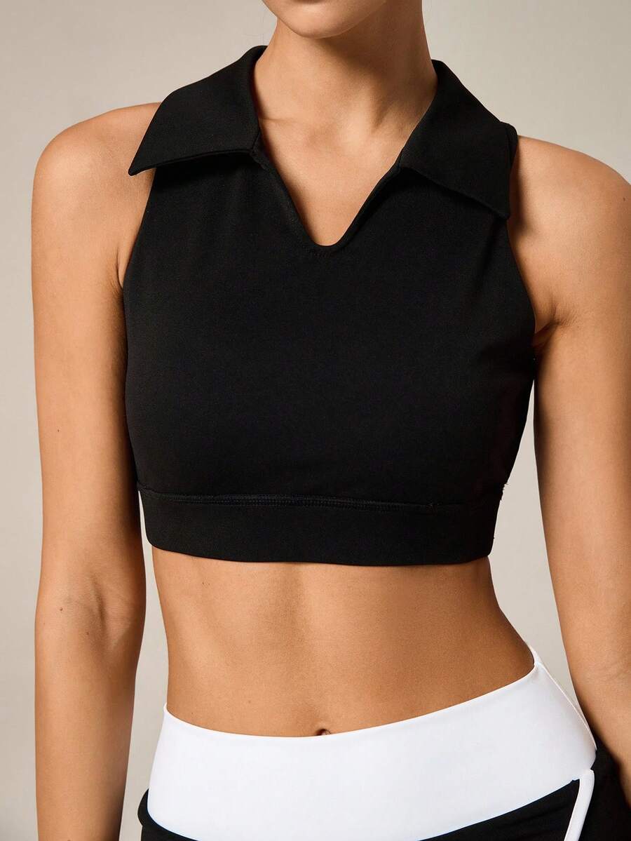 Hanevo Women's Solid Color Turndown Collar Cropped Fitness Sports Tank Top - Black - View 1