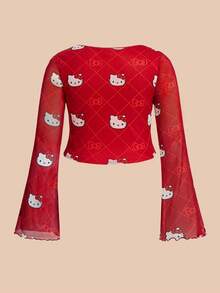 HELLO KITTY AND FRIENDS | SHEIN Áo lưới in họa tiết hoạt hình cổ tròn tay loe dễ thương cho nữ cỡ lớn, màu đỏ, mùa thu - Đỏ - Xem 2