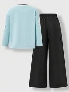 SHEIN Explorewe 2-Piece Set For Girls And Boys, Small V-Neck Loose Basic Pullover Casual Sweatshirt And Black Overalls With Three-Dimensional Large Pockets, Straight-Leg Trousers, Small Drop Shoulder Design, 96 Number Five-Pointed Star Letter Printing Design, Street Fashion Clothing, Retro, Commuting Sports, Suitable For Outdoor, Suitable For Spring, Autumn And Winter - Multicolor - View 2