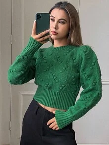 DAZY Áo len nữ tay bồng cổ tròn ngắn màu trơn thanh lịch, Thu/Đông Y2K - màu xanh lá - Xem 3