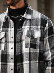 Manfinity CasualCool Plus Size Men's Long Sleeve Casual Plaid Print Button-Up Shacket , Fall - Multicolor - View 3