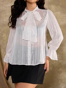 Flirla Plus Size Women Elegant Silver Striped Tie Bow Blouse Fall Cloth For Women - White - View 3