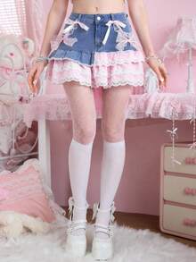 ROMWE Kawaii 可爱甜美蛋糕下摆女士牛仔迷你裙 - 中等水洗藍 - 查看 9