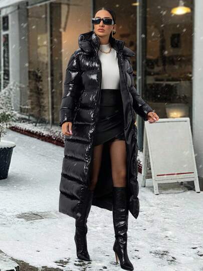 EURMUSE Women Long Padded Coat With Adjustable String At Waist, Bright Fabric, Hood, Elegant And Casual Everyday Outfits