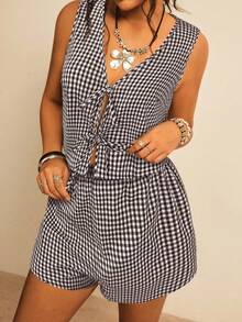 Freevana Conjunto de 2 piezas de chaleco con cordones a cuadros negro y blanco talla grande talla y shorts - Marrón - Ver 4