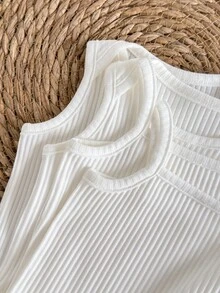 Loomiva 4pcs Newborn Baby Girl Solid Color Soft Knit Sleeveless Ruffle Shoulder Bodysuit Set - White - View 7