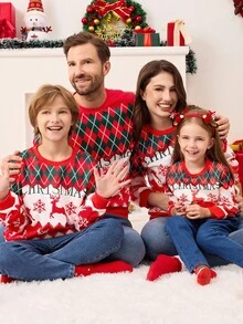 SHEIN Sudadera de cuello redondo de manga larga con estampado alegre de renos rojos de Navidad para niñas - Rojo - Ver 5