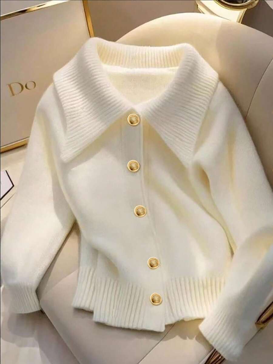 Franclia Damen Lässiger Alltags-Pendler einfacher vielseitiger College-Stil einfarbiger Cardigan mit großem Kragen und Einzelknopfleiste, Herbst/Winter - Aprikosenfarben - Übersicht 1