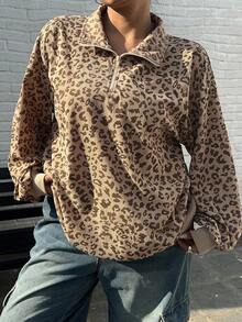 Dazy Plus Plus Size Women Zip-Up Leopard Print Loose Fit Pullover Sweatshirt, Street Style Fall/Winter - Khaki - View 7