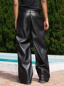 Manfinity EMRG Men's Black PU Leather Pants, Casual Versatile Fashion Straight Leg Trousers, High Waisted Pants, Fall Winter - Black - View 2