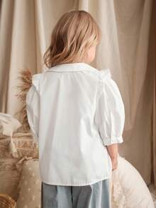 Loomiva Young Girl Floral Print Round Neck 3/4 Sleeve Open Front Blouse, Versatile & Comfortable Fall Winter - White - View 2