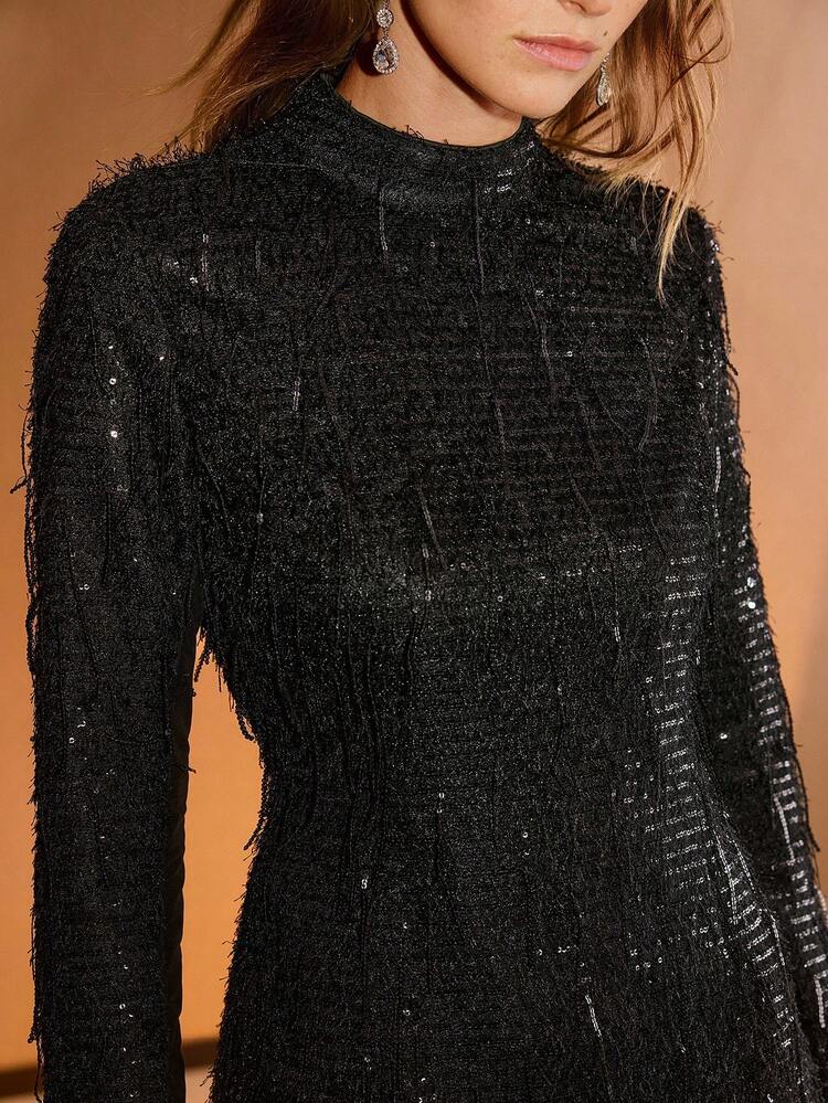 WOMEN'S SEQUIN TASSEL ELEGANT FITTED DRESS, AUTUMN/WINTER