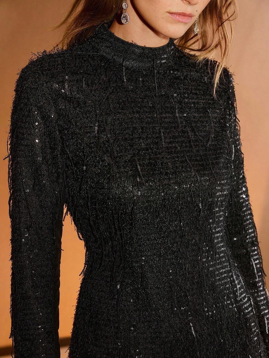 MOTF PREMIUM WOMEN'S SEQUIN TASSEL ELEGANT FITTED DRESS, AUTUMN/WINTER - Black - View 2