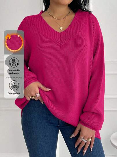 EURMUSE Plusstorlek enfärgad casual pullover, höst/vinter