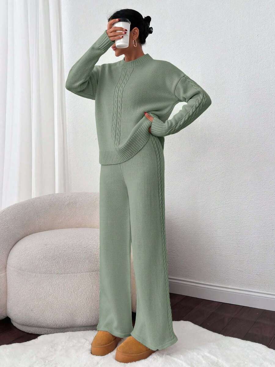 EURMUSE 2pcs Solid Color Knitted Sweater And Pants Set, Casual For Autumn/Winter - Mint Green - View 1