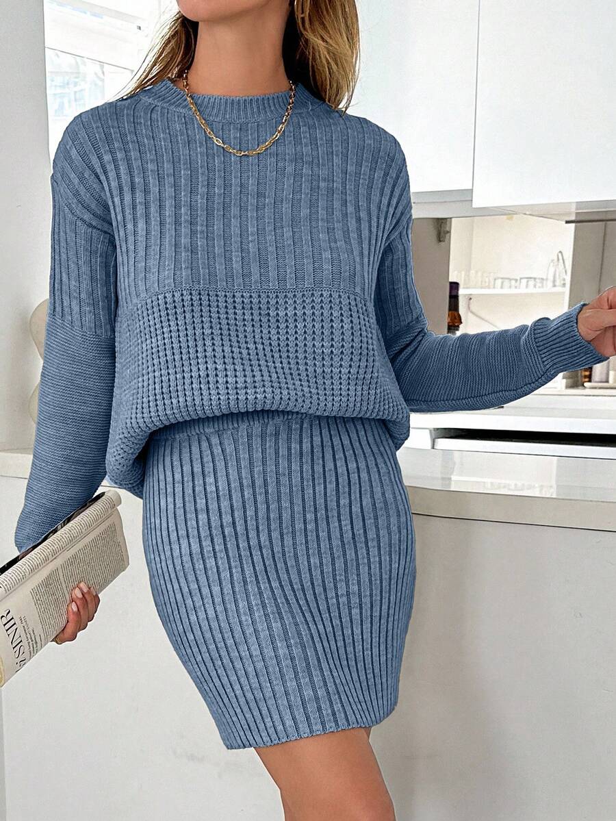 EURMUSE Casual Rib Knit Sweater & Mini Rib Knit Sweater Skirt Co-Ords - Dusty Blue - View 1