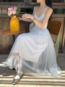 DAZY Women's Mesh Patchwork Spaghetti Strap Mid-Length Dress, Korean Style Summer Women Dresses Sundress - White - View 4