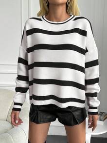 Cloudara Striped Pattern Drop Shoulder Jumper - Black and White - View 5