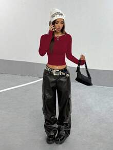 Flirla Damska, wygodna, miękka koszulka z długim rękawem, uniwersalna na jesień - Burgund - Zobacz 5