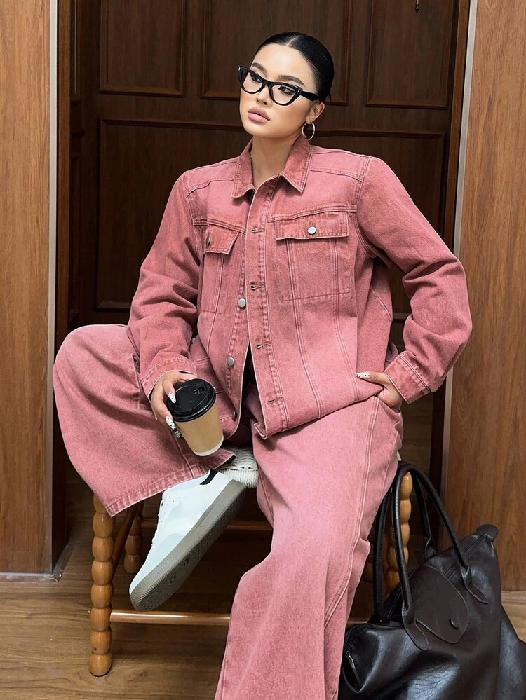 Dazy Plus 2pcs Plus Size Women Casual Pink Washed Denim Jacket & Pants Set, Loose Lapel Long Sleeve Shirt, Spring/Autumn
