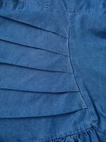 Elladie kids Girls' Blue Washed Casual Fitted Pleated Design Denim Dress, Ruched Hem With Cute Bow Decor, Suitable For Daily Wear, Minimalist & Fashionable Fall Winter