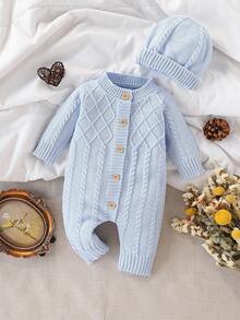 SHEIN Vintaside Kids 时尚可爱的中性婴儿针织连体衣，秋冬季百搭打底或外套 - 藍色 - 查看 3