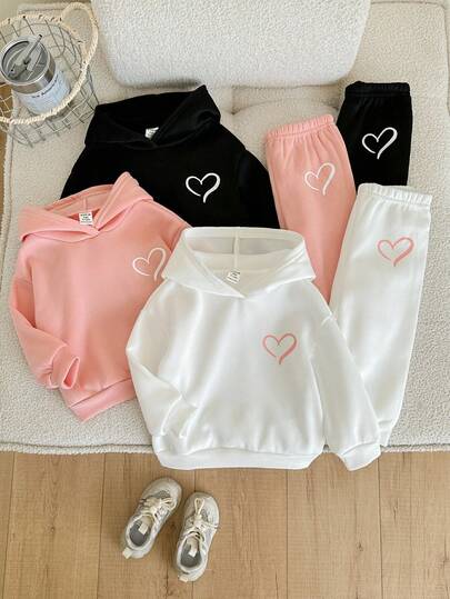 6pcs/Set Baby Girl Cute Solid Color Heart Pattern Hoodie Sweatshirt & Elastic Waist Pants, Autumn/Winter Fall