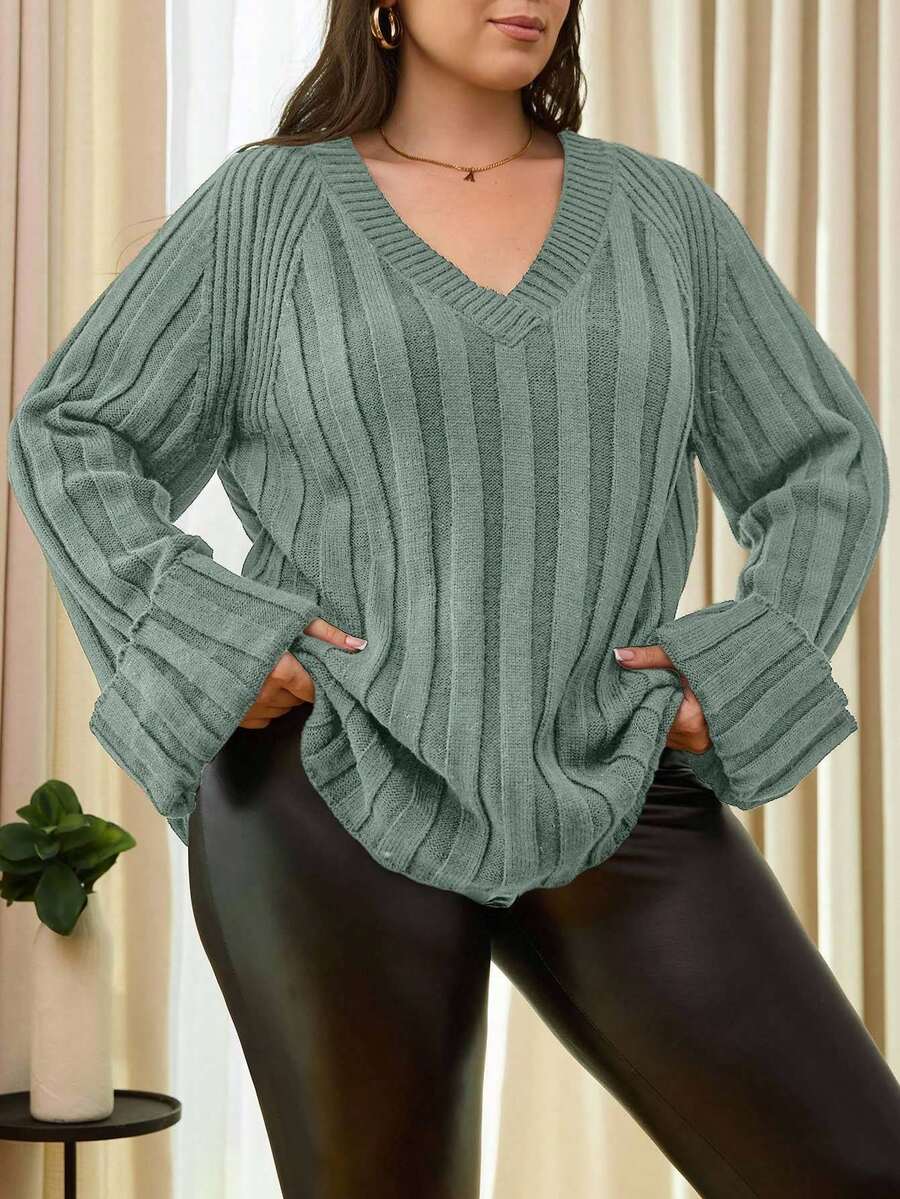 SHEIN Cottnline Suéter de manga raglán de unicolor de talla grande - verde menta - Ver 1