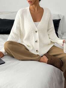 EURMUSE "Cable Knit Button-Front Cardigan With Ribbed Trim – Soft Ivory White,Tall In Women,Cardigans,Long Cardigans Woman,Petite,Tall - White - View 5