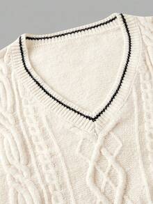 SHEIN Unity Women's Contrast Color Drawstring V-Neck Casual Pullover Sweater In Fall/Winter - Apricot - View 3