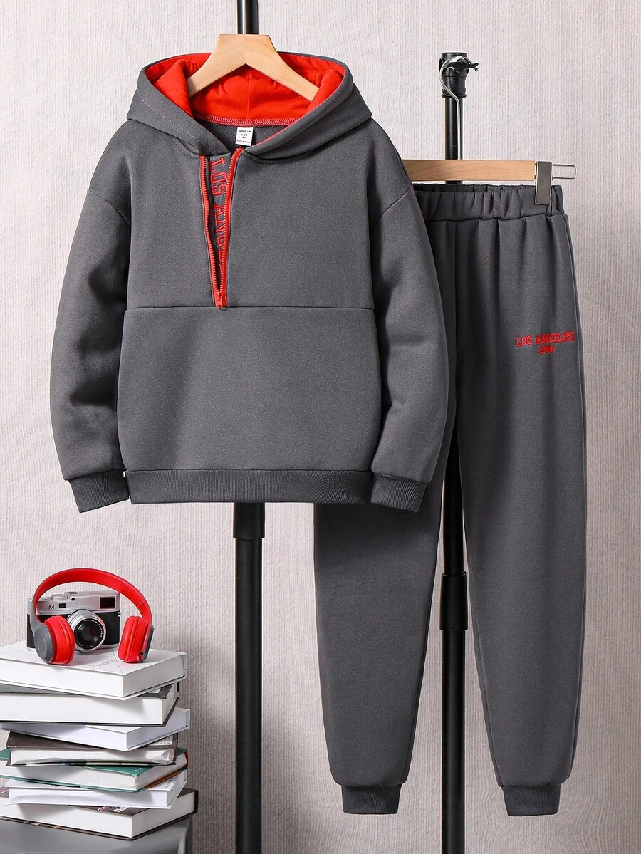 SHEIN 2 件套青少年男孩撞色连帽落肩长袖休闲百搭运动衫套装 - 灰色 - 查看 1