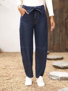SHEIN LUNE Women's Solid Color Pocket Straight Leg Tie Waist Casual Jeans - Blue - View 4