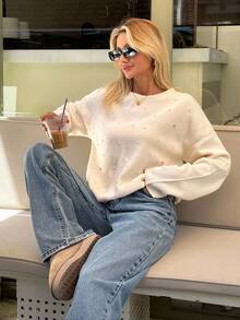 EURMUSE Petite Petite Size Woman Loose Fit Comfy Warm Rhinestones Detailed Light Pearl Sweater White Sequin Autumn Casual Brunch Romantic Daily - Apricot - View 7