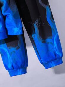 SHEIN 2 件套青少年男童休闲日常百搭舒适印花连帽卫衣和宽松保暖内衬慢跑裤套装 - 彩色 - 查看 6