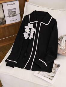 GlowEve Elegant 3D Floral Blouse, Fashionable And Versatile - Black - View 5