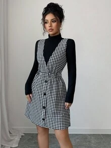 Elenzga 1 套女士优雅浪漫长袖高领上衣和 V 领腰部褶皱格子 A 字裙 - 黑與白 - 查看 5