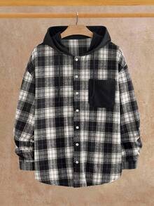 Manfinity NXTstreet Men's Casual Woven Plaid Patchwork Loose Fit Drop Shoulder Flannel Overcoat, Fall Winter - Multicolor - View 7