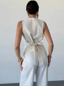 Firerie Women's Elegant Beige Summer Brunch Minimalist Linen Cotton Metal Button V-Neck Sleeveless Vest Shirt,Urban Chic Back-To-School Teacher Casual Tops - Apricot - View 9