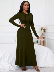 SHEIN LUNE 女式连帽抽绳口袋长款连衣裙 - 軍綠色 - 查看 4