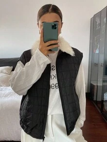 Livesso Damen dicke, locker sitzende, geschäftlich-lässige karierte, flauschige Kragen Farbblock Kurz-Jacke, modisch für Herbst & Winter Weste