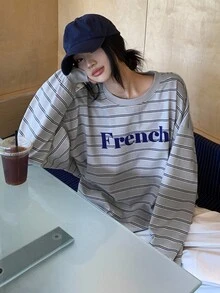 DAZY 女士/女孩休闲条纹圆领长袖运动衫，秋冬 - 灰色 - 查看 1